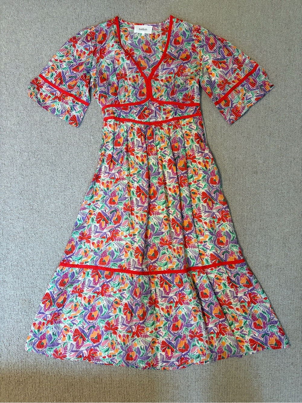 ba&sh Multicolor Floral Midi Dress with Red Trim (size 0)